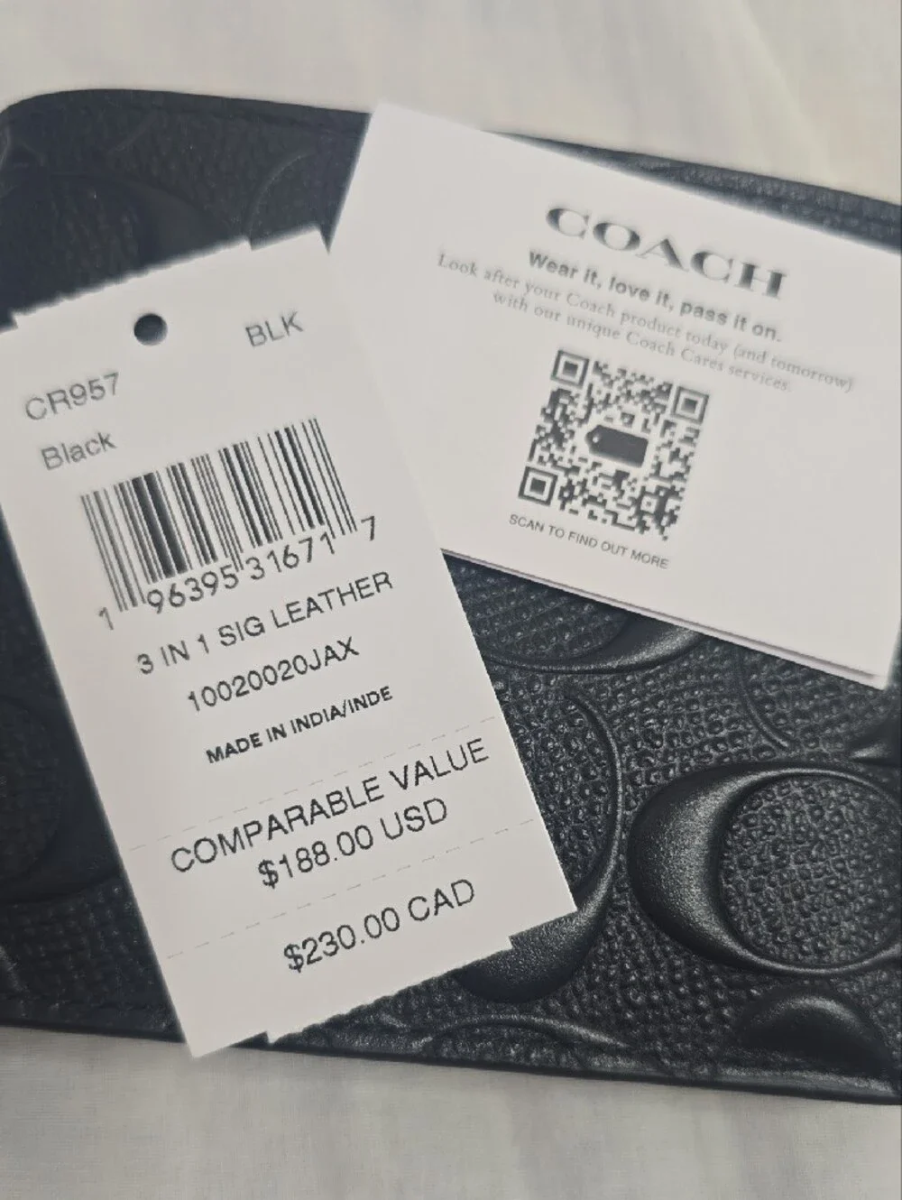 Coach Black Embossed Signature 3 In 1 Leather Bifold Wallet NWT